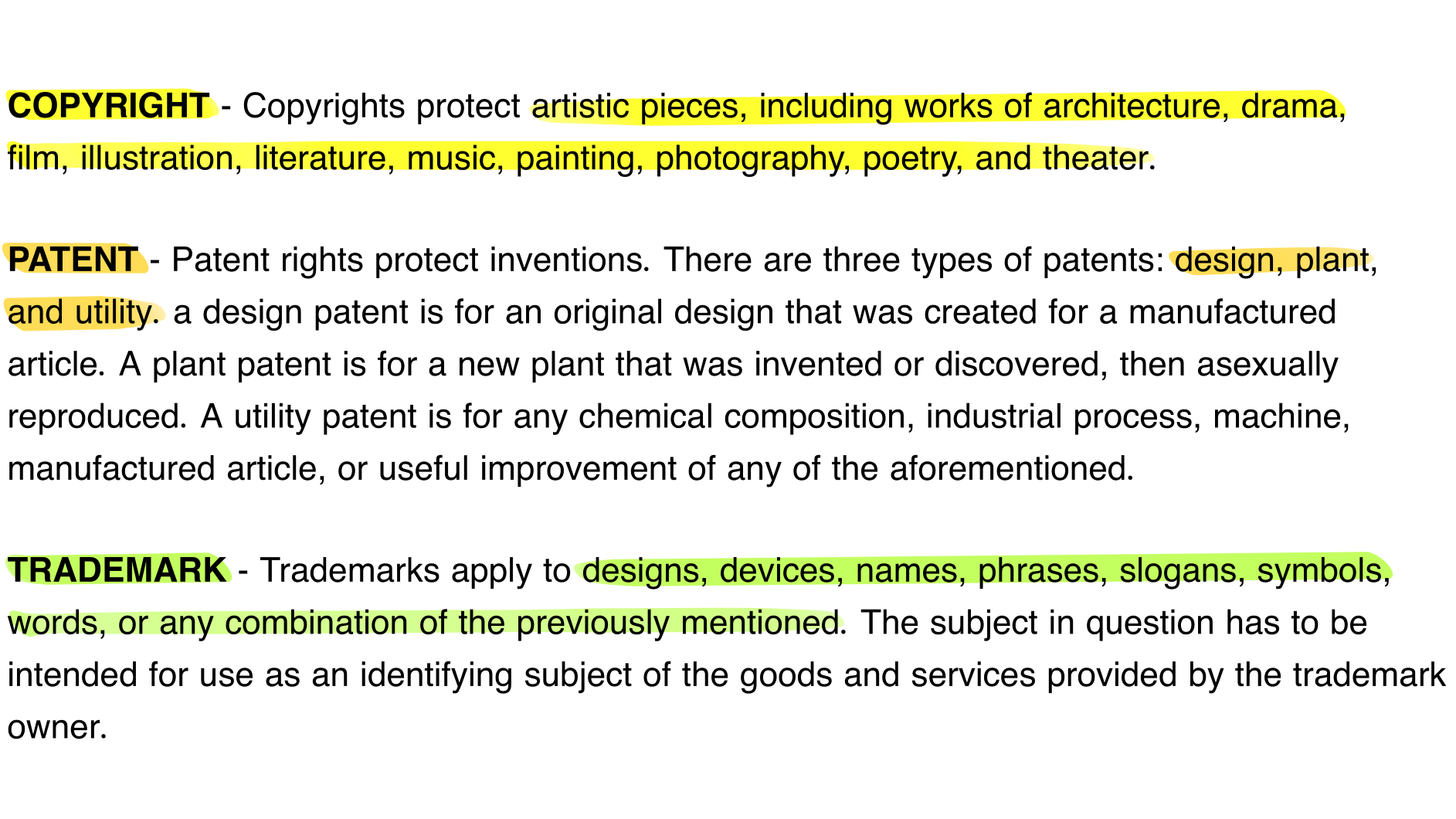 What property do these rights apply to, Copyright, Patent and Trademark 