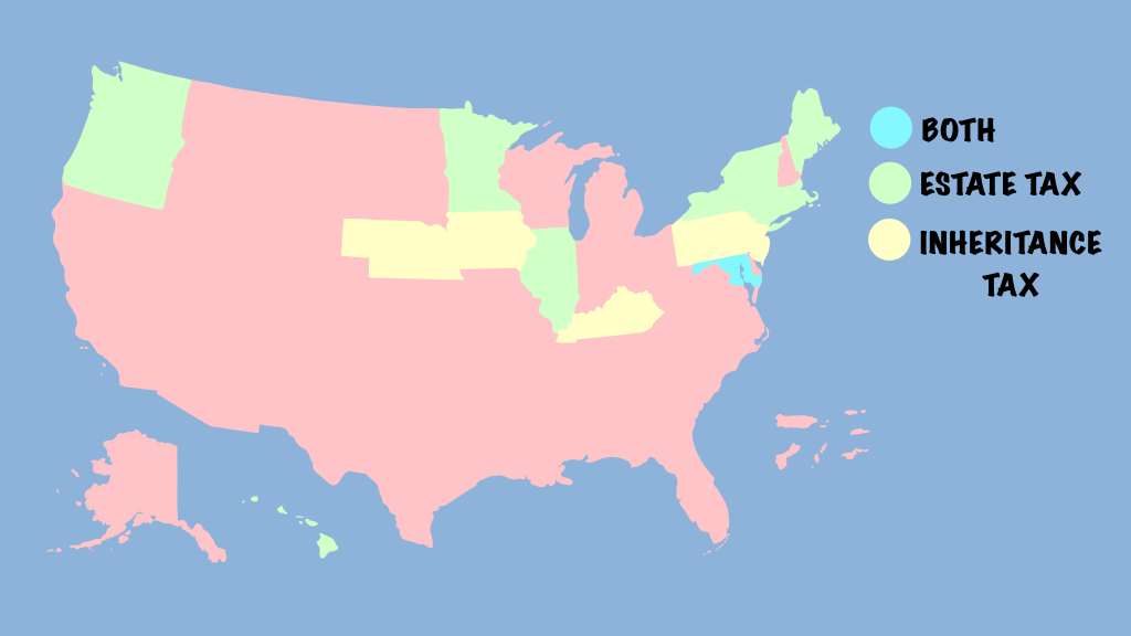 State map that shows states that either have estate tax or inheritance tax, or both 
